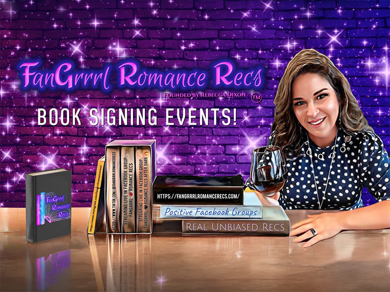 Promotional graphic for FanGrrrl Romance Recs book signing events, featuring a smiling woman on the right, several romance novels on a table, and large purple text reading 'FanGrrrl Romance Recs' and 'BOOK SIGNING EVENTS!' against a purple sparkly brick wall background.