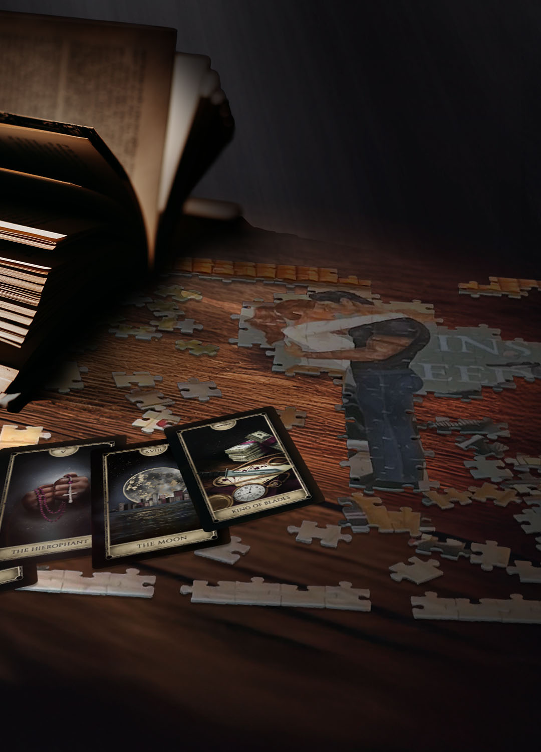 Jigsaw puzzle with partially completed pieces on a wooden surface, accompanied by a book.