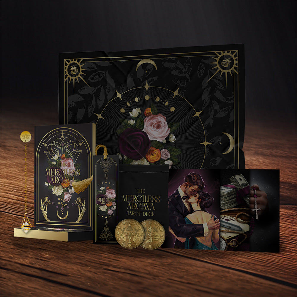 Assortment of Merciless Arcana merchandise.