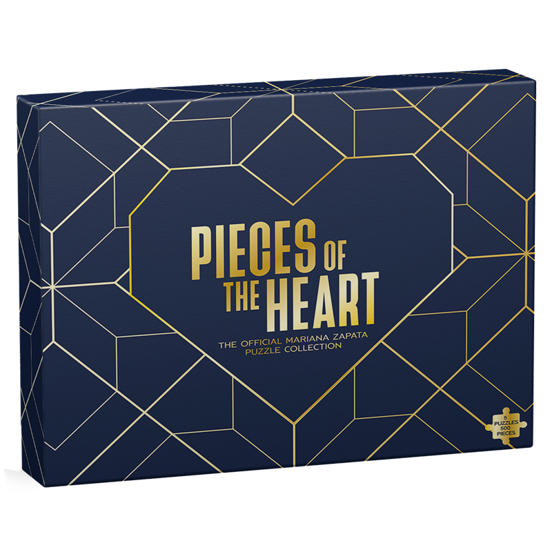 Jigsaw puzzle box with 'Pieces of the Heart' branding on a geometric patterned background