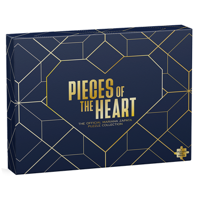 Jigsaw puzzle box with 'Pieces of the Heart' branding on a geometric patterned background