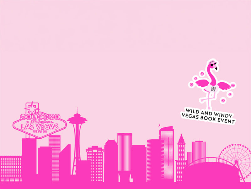 Pink and white graphic design featuring a stylized Las Vegas skyline silhouette, including the Flamingo sign, Space Needle, and other landmarks, with a flamingo illustration and the text 'Wild and Windy Vegas Book Event' on a solid pink background.