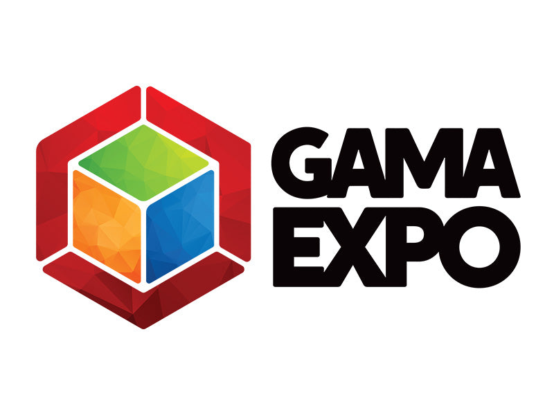 GAMA EXPO logo featuring a stylized low-poly cube in red, green, orange, and blue, alongside the text 'GAMA EXPO' in bold black letters on a white background.
