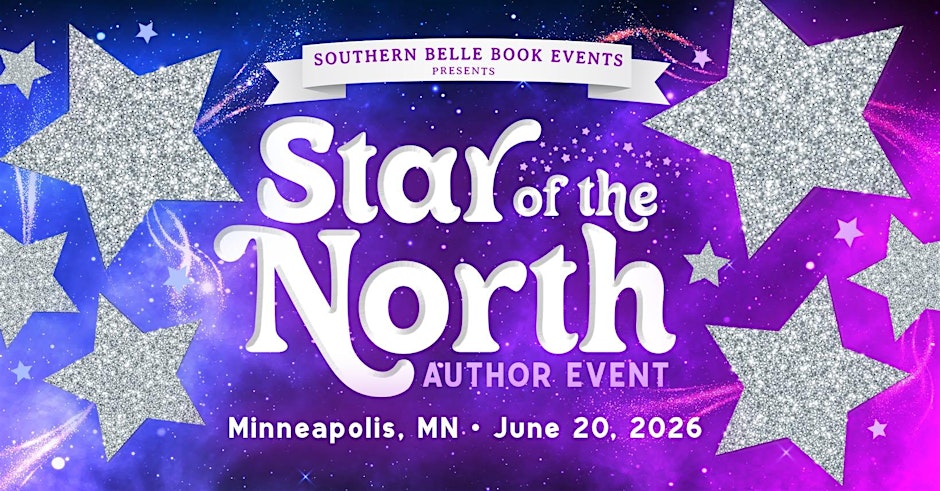Promotional poster for 'Star of the North' author event with stars and a purple background.