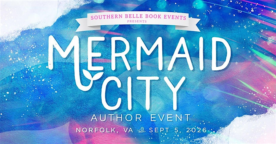 Promotional graphic for 'Mermaid City' author event with colorful watercolor design and event details.
